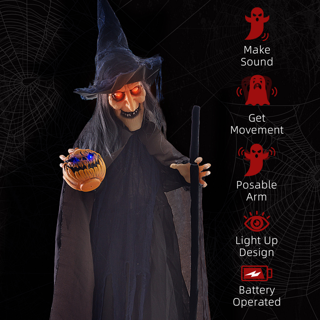 HOMCOM Halloween Witch with Broomstick Animatronic Prop with Light Up Eyes