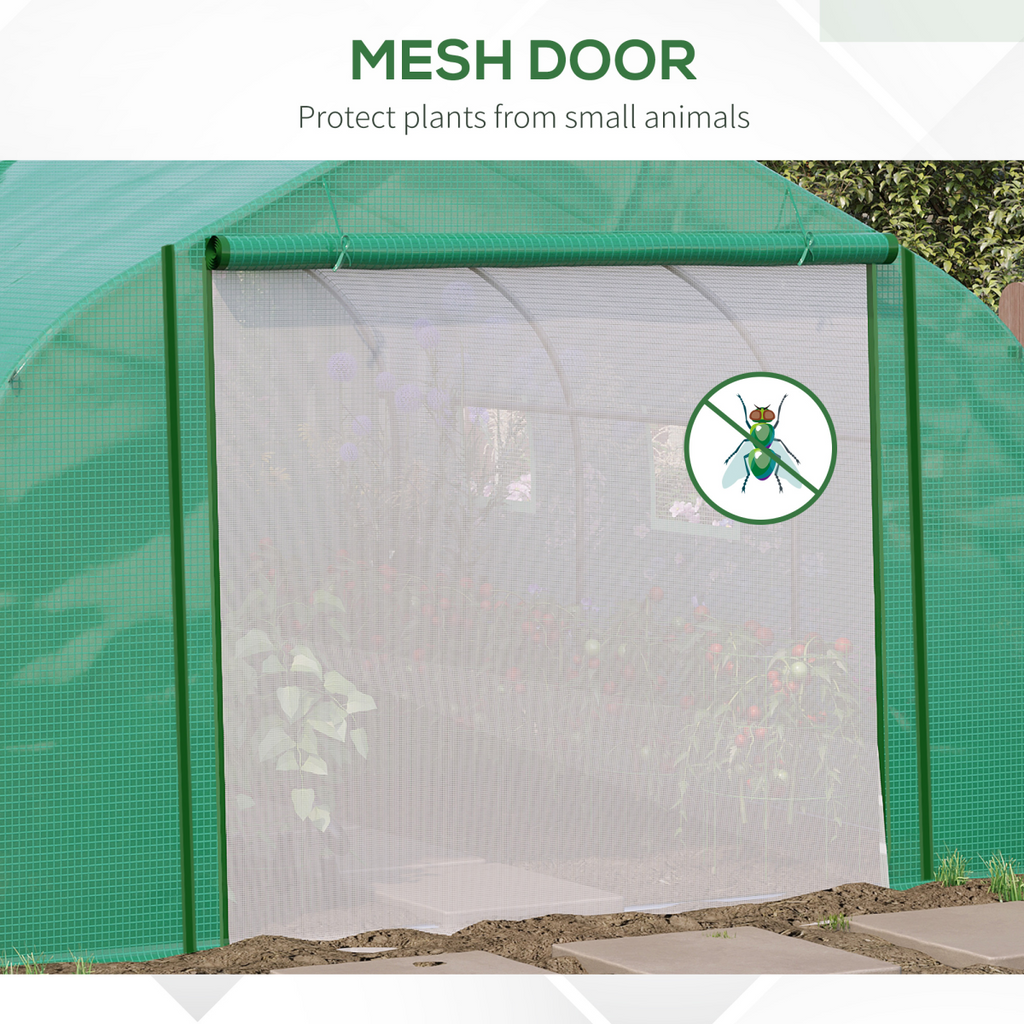 Walk-in Garden Greenhouse Zippered Roll Up Door & 6 Windows, 3.5 x 3 x 2m, Green