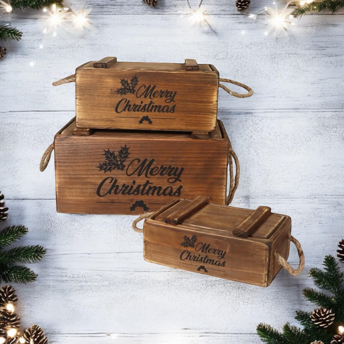 AcaciaHome Stylish and Vintage Wooden Merry Christmas Storage Crate Set (Brown)