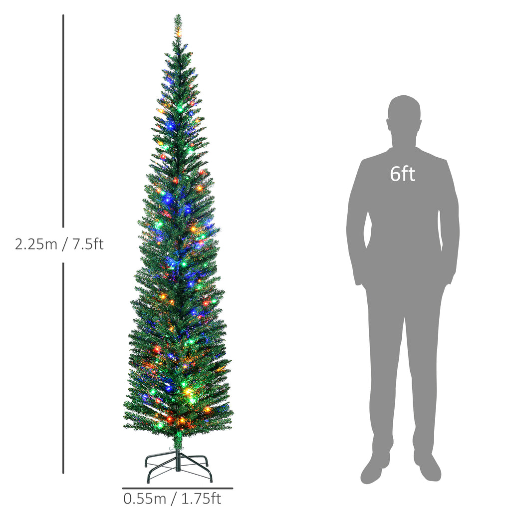HOMCOM 7.5ft Artificial Pencil Christmas Tree with Colourful Lights, Steel Base