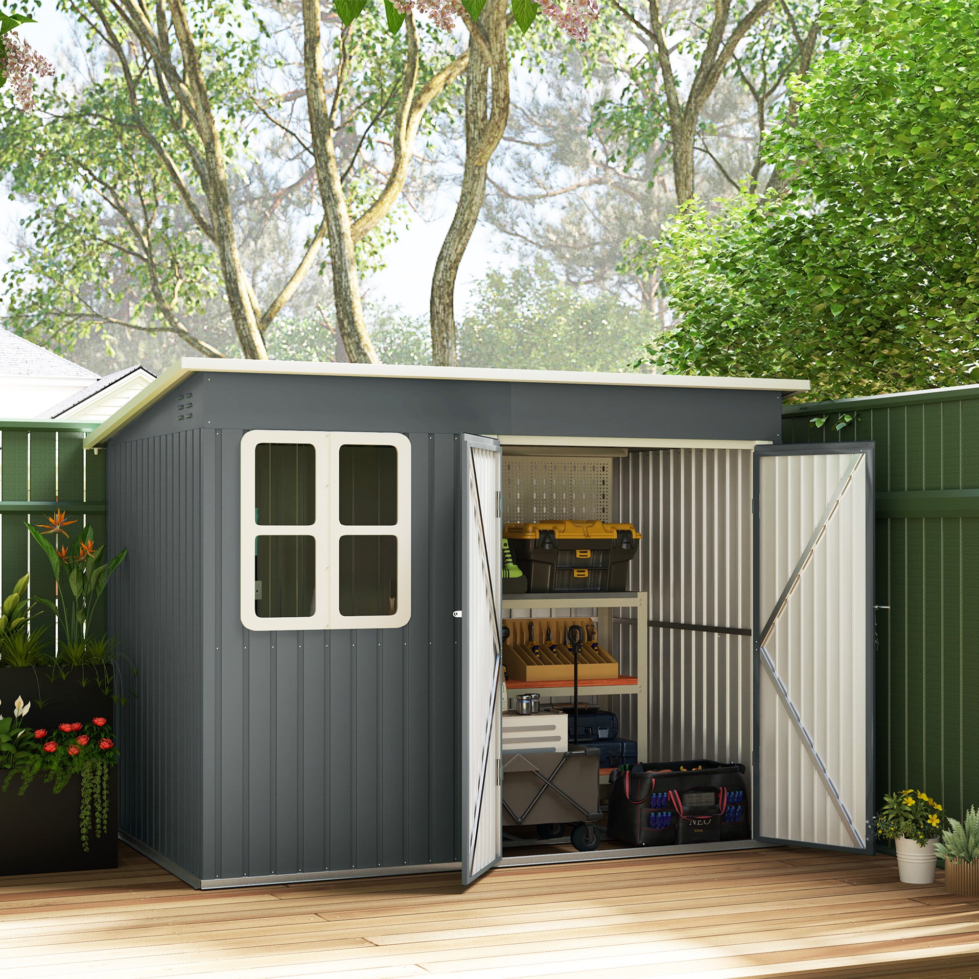 Outsunny 8.5 x 6ft Galvanised Steel Garden Shed with Foundation Kit, Grey