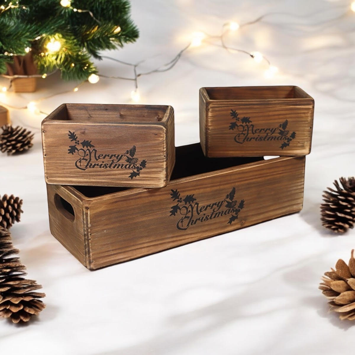 AcaciaHome Stylish and Vintage Wooden Merry Christmas Storage Crate Set (Dark Brown)