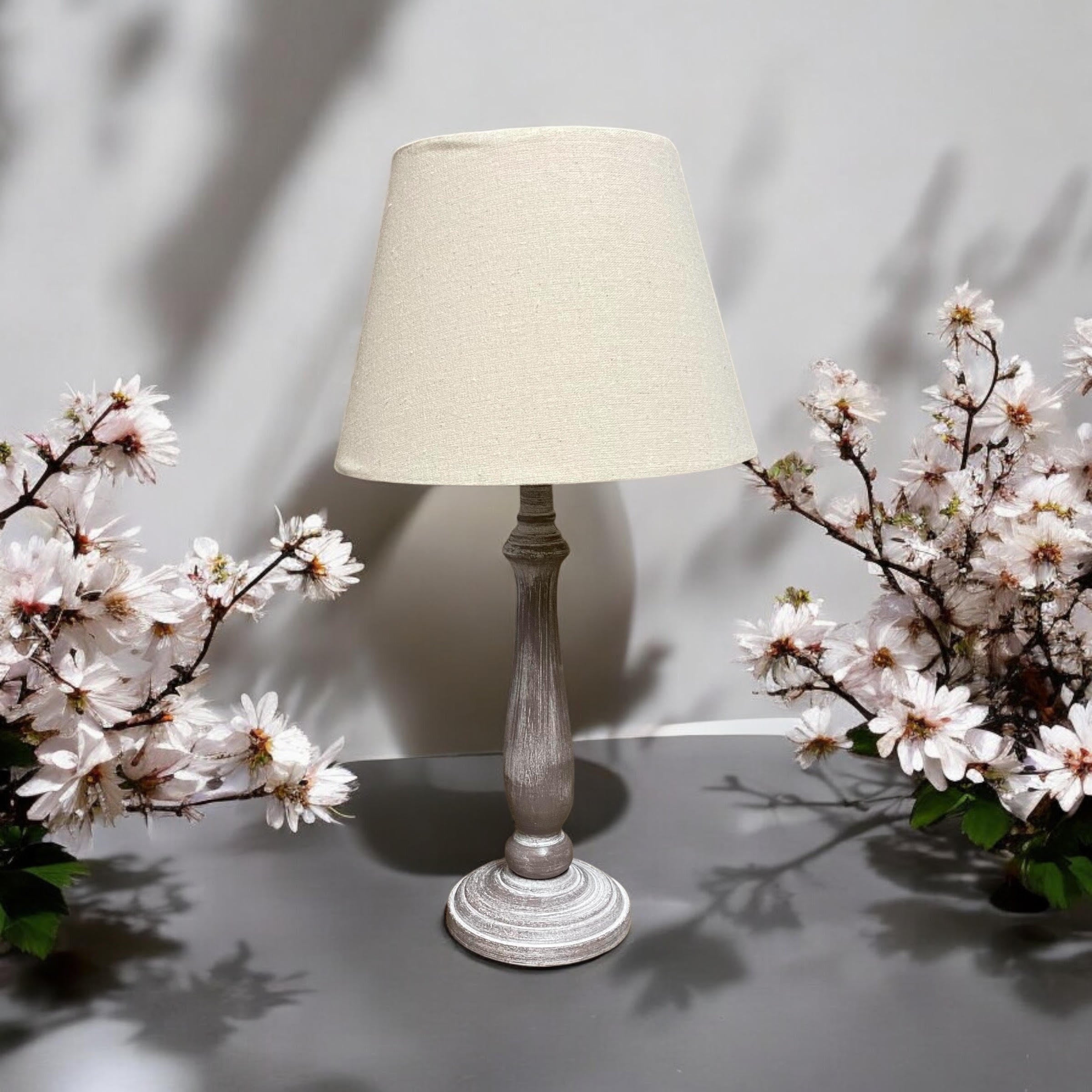 AcaciaHome Tall Wooden Beige Washed 45cm Table Lamp with Taupe Linen Shade