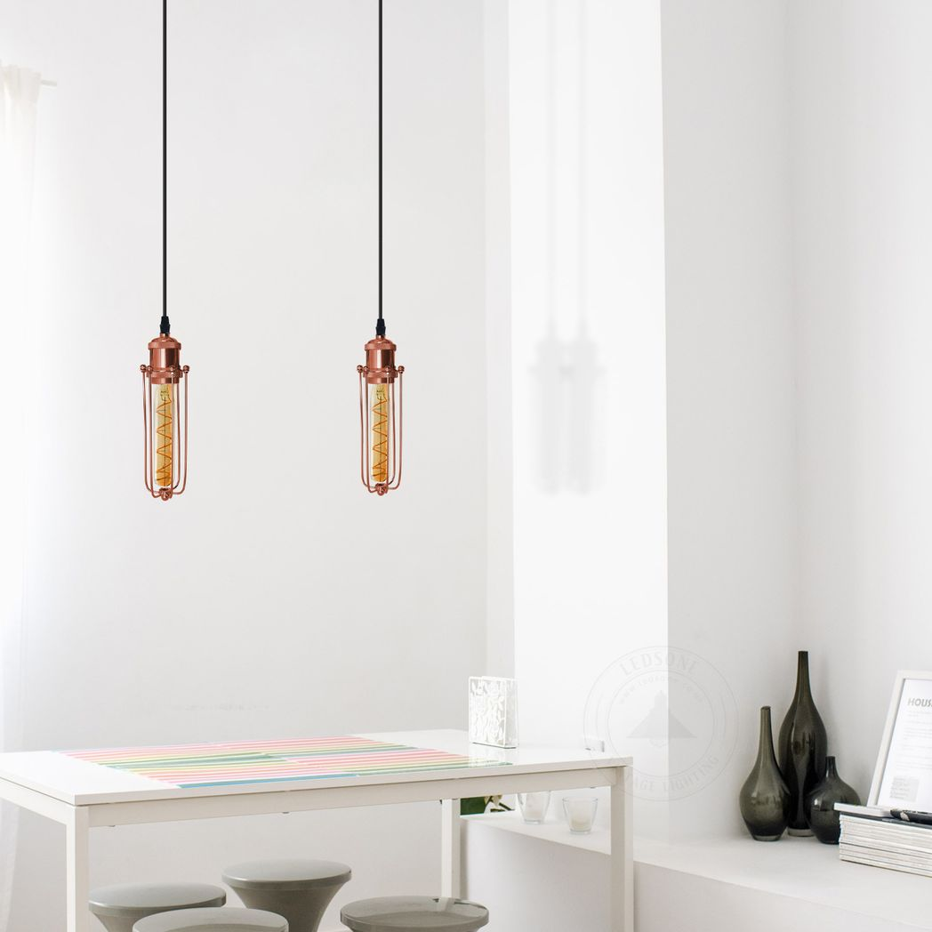 Single Rose Gold Ceiling E27 Pendant Light with Wire Cage