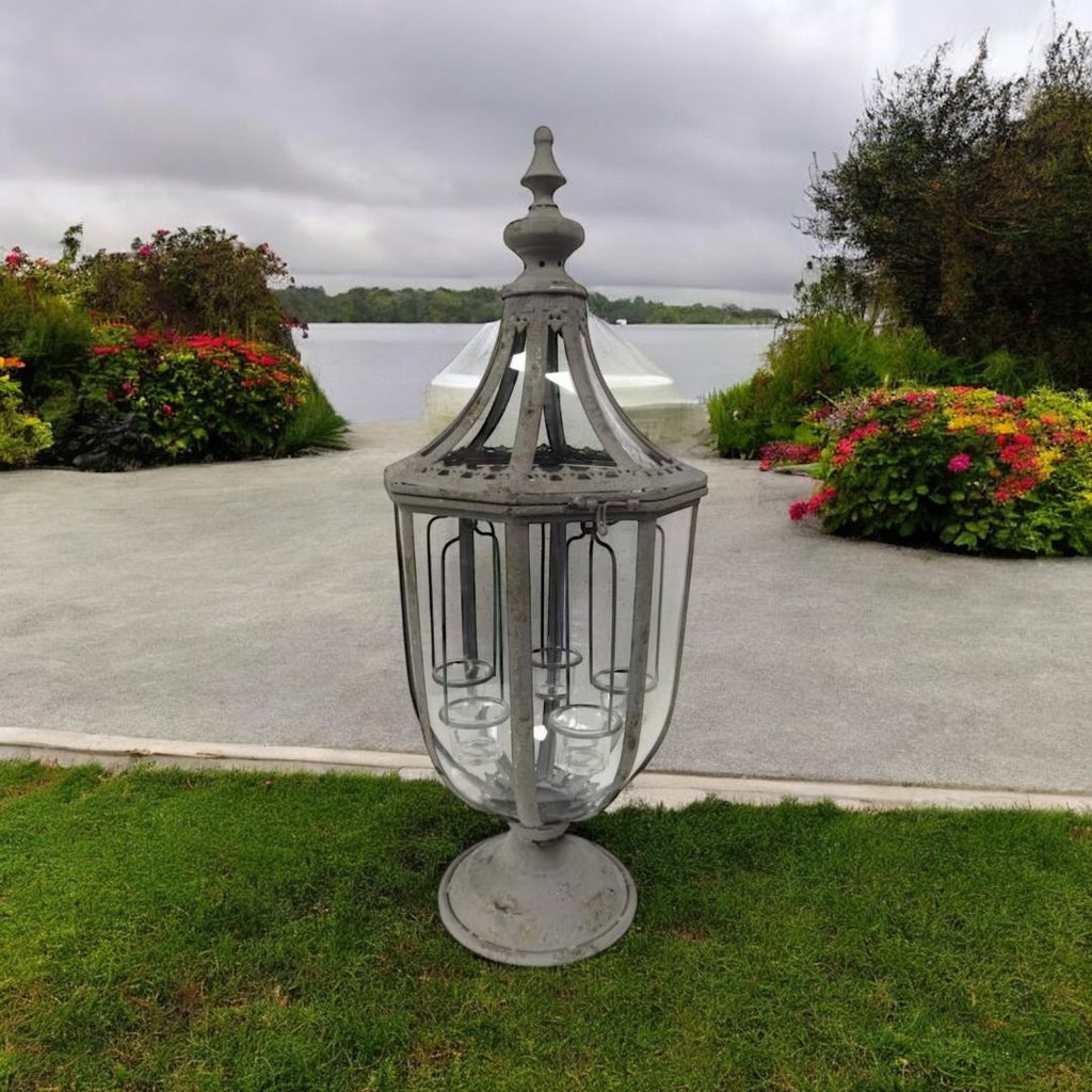 Stylish 77cm Grey Metal Glass Candle Lantern