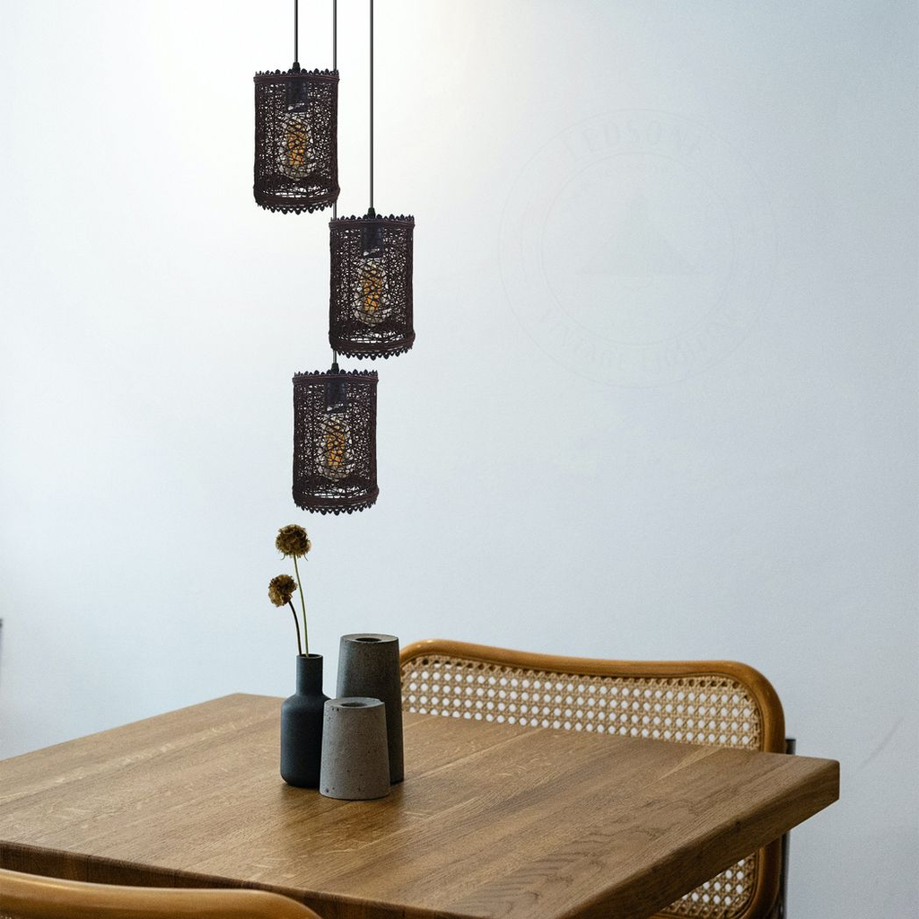 3 Head Round Base Natural Wicker Rattan Ceiling Pendant Light Shade E27 Base