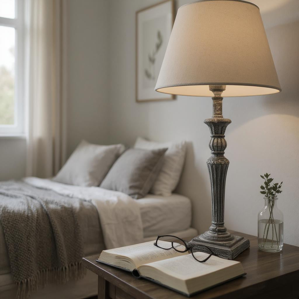 AcaciaHome Modern Tall Wooden Washed Table Lamp (32cm Grey with Cream Shade)