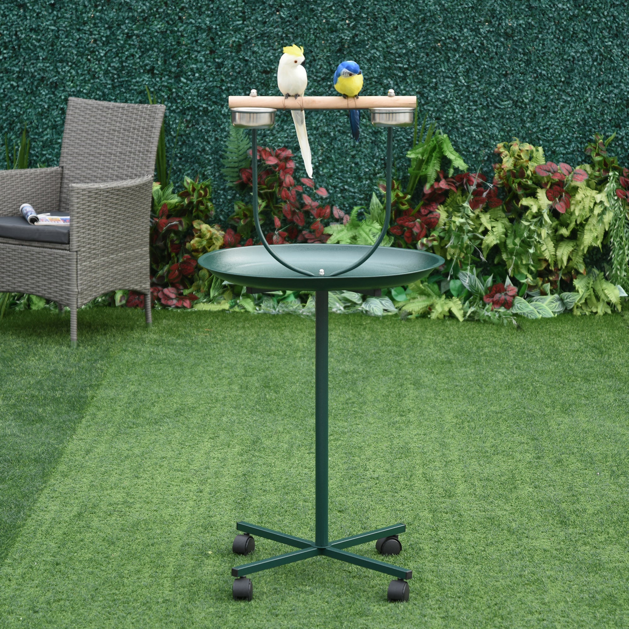 PawHut Bird Perch Stand, T-Stand Bird Training with Perch, Wheels, Bowls, Green