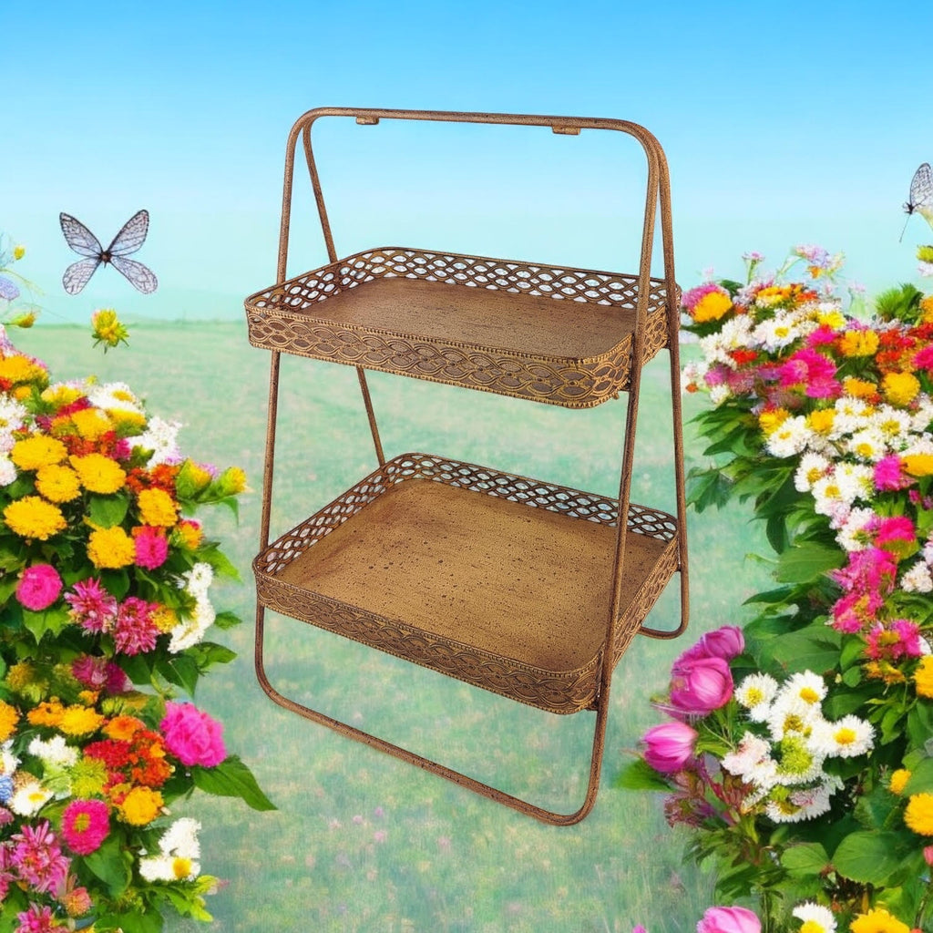 AcaciaHome Rusty 2-Tier 59cm Rectangular Metal Cake & Plant Stand