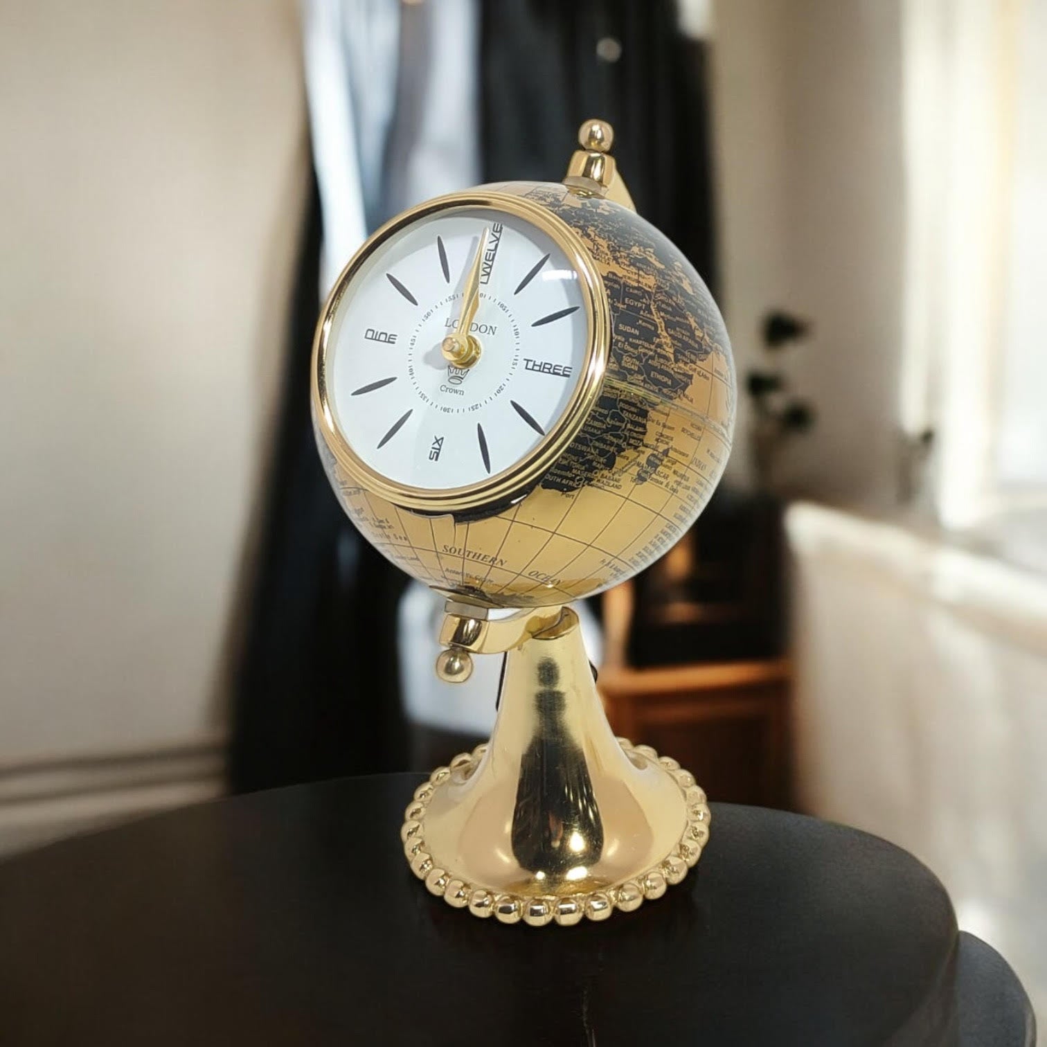 AcaciaHome Black Gold Globe Mantel Clock