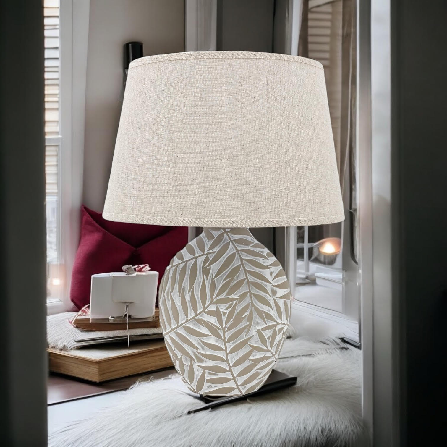 Ceramic Table Lamp with Minimalist Design, Textured Base and Fabric Shade