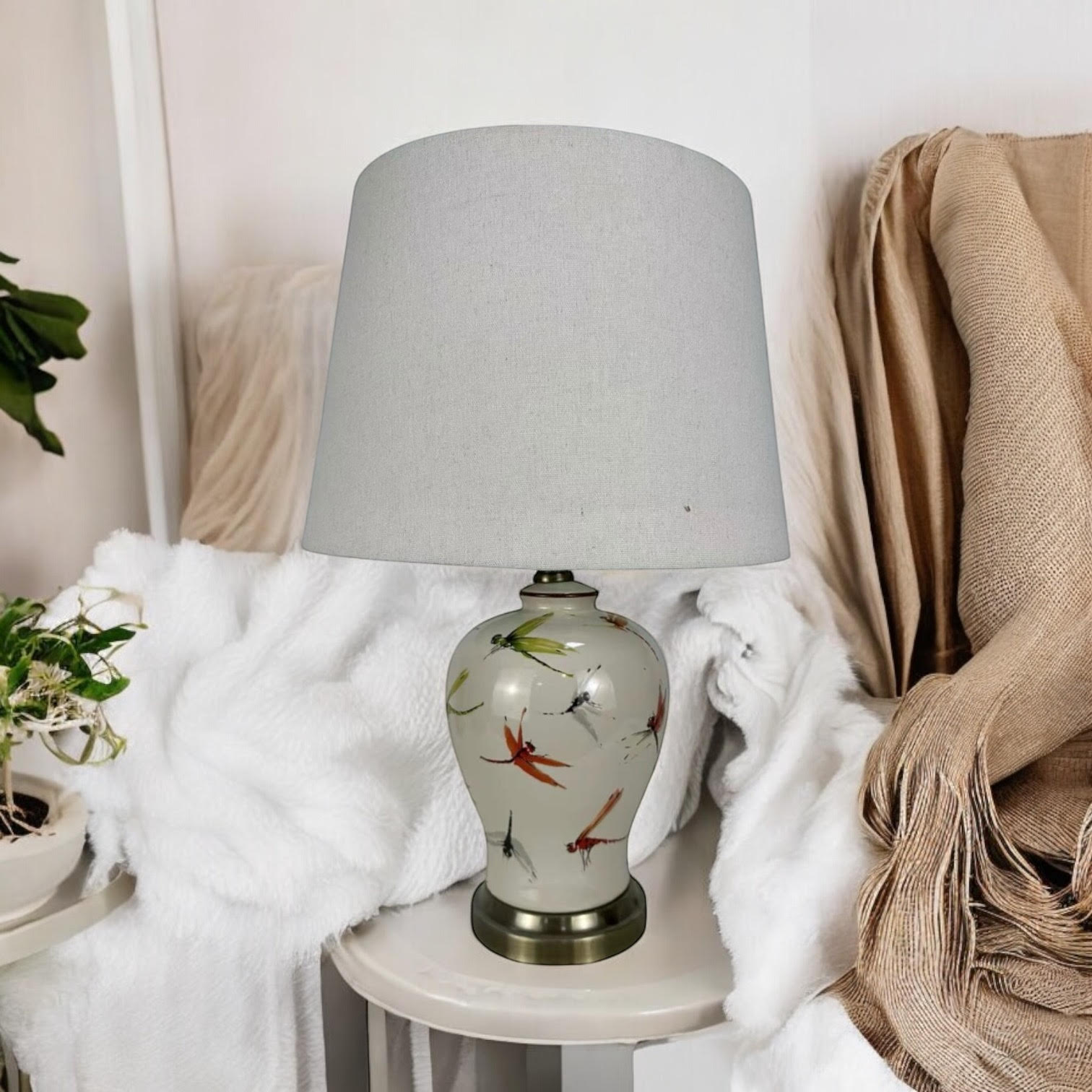 AcaciaHome Oriental Design Large Floral Ceramic Table Lamp with Drum Shade
