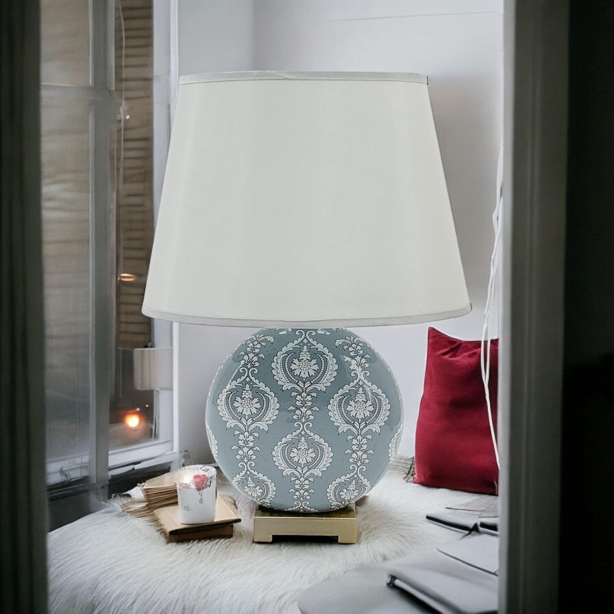 AcaciaHome Oriental Design Large Floral Ceramic Table Lamp with Drum Shade
