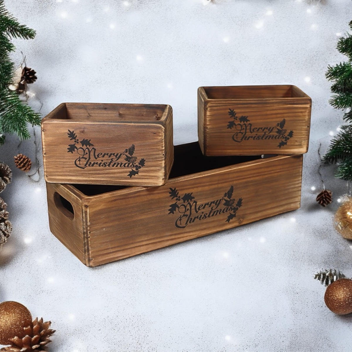 AcaciaHome Stylish and Vintage Wooden Merry Christmas Storage Crate Set (Dark Brown)
