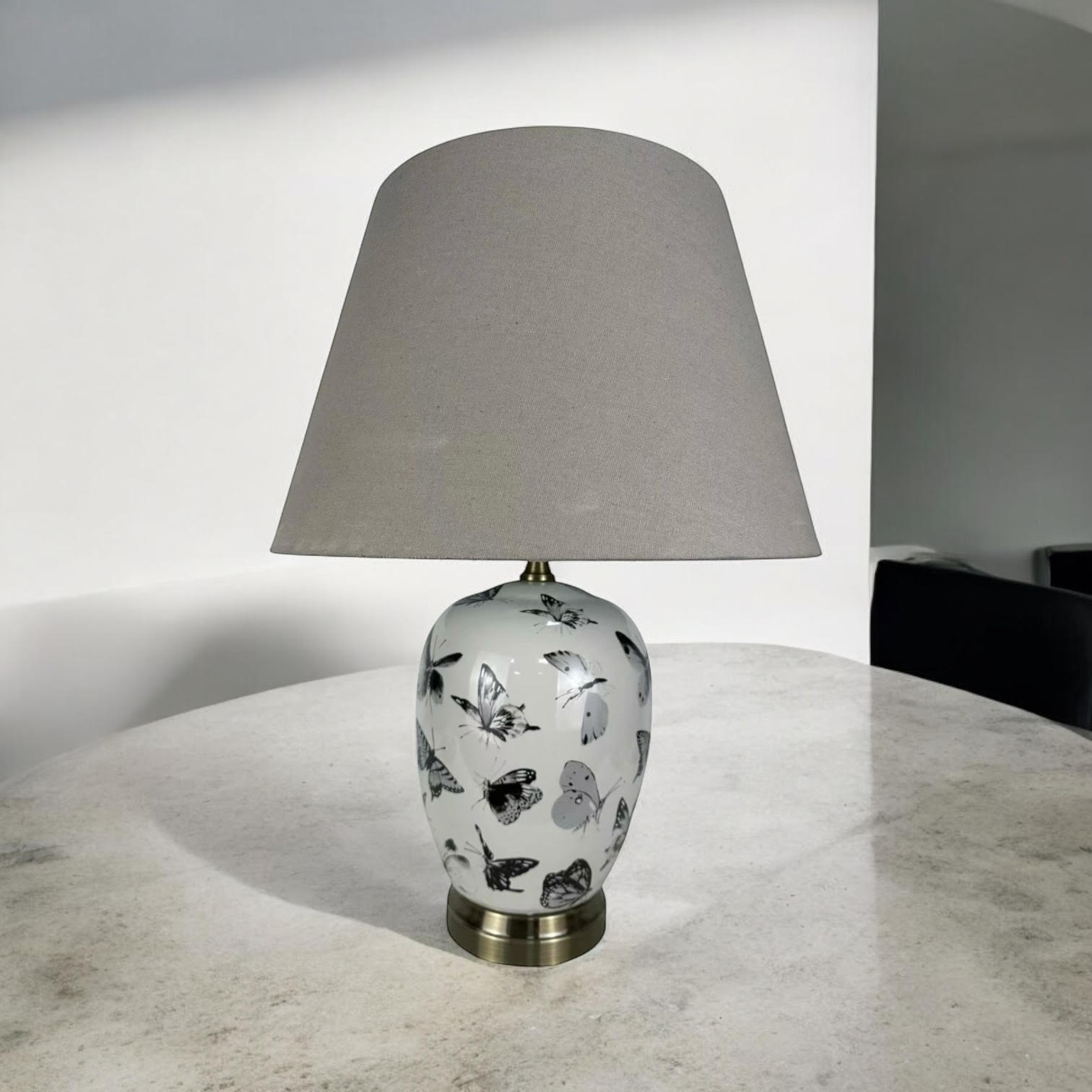Oriental Design Large Floral Ceramic Table Lamp with Drum Shade (50cm Black White Butterfly)