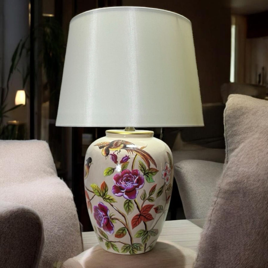 AcaciaHome Modern 51cm Floral Ceramic Table Lamp with White Drum Shade