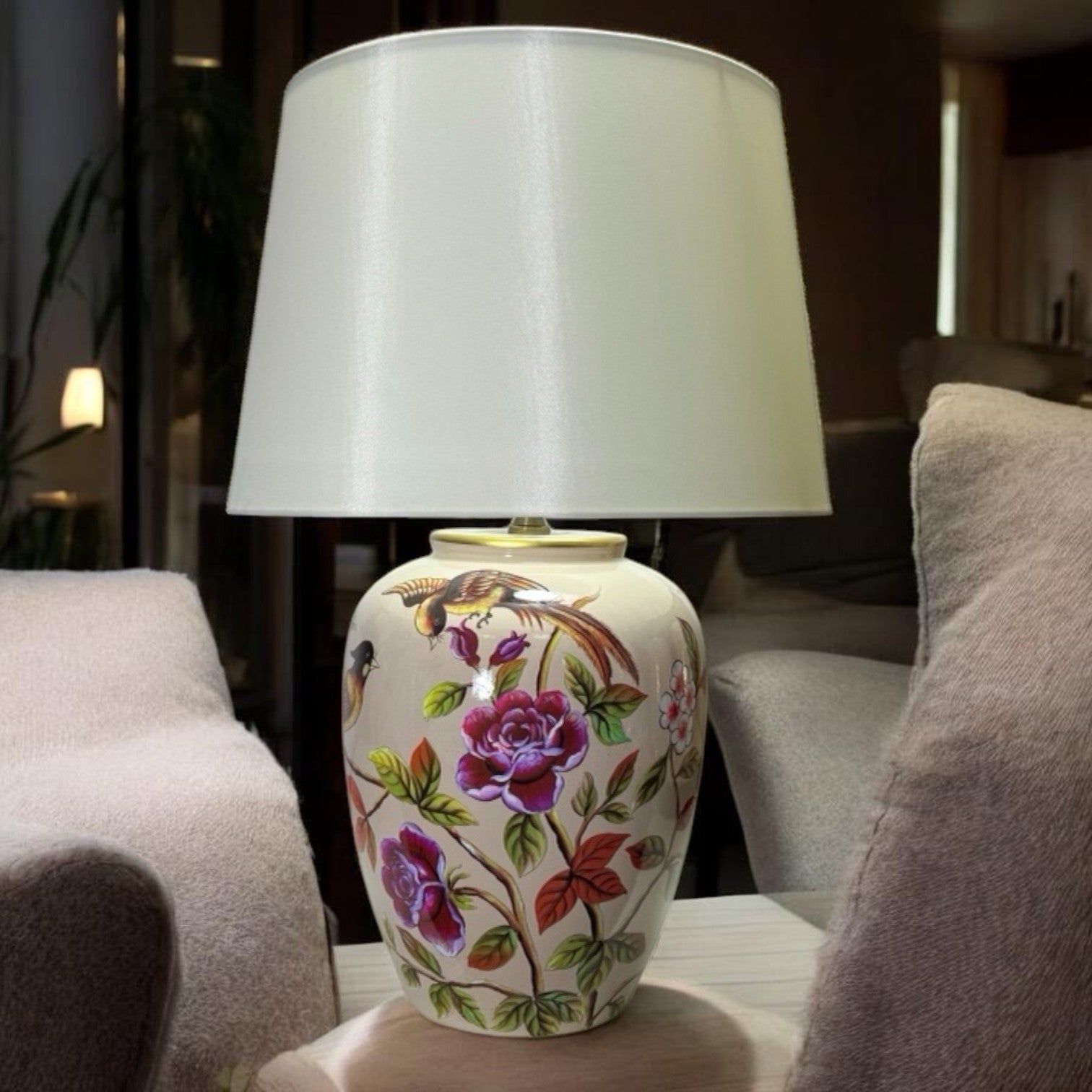 AcaciaHome Modern 51cm Floral Ceramic Table Lamp with White Drum Shade