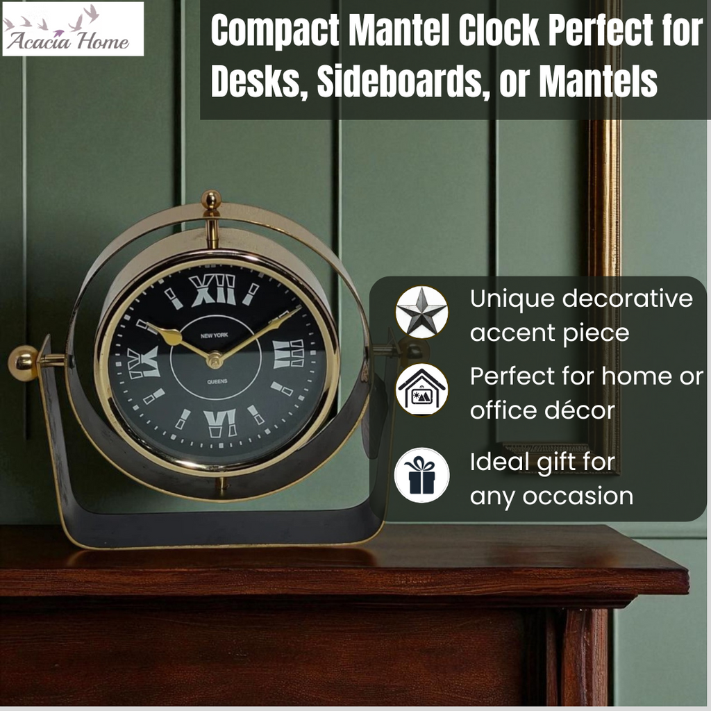 Silent Sweep Black Mantel Clock (22 cm – Roman Numeral Dial)