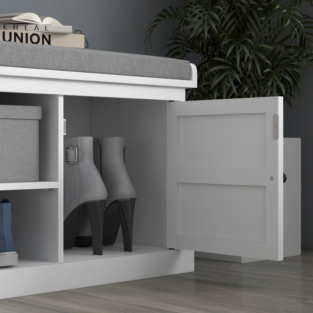 HOMCOM Shoe Storage Bench with Cushion 2 Cabinets for Entryway Hallway White