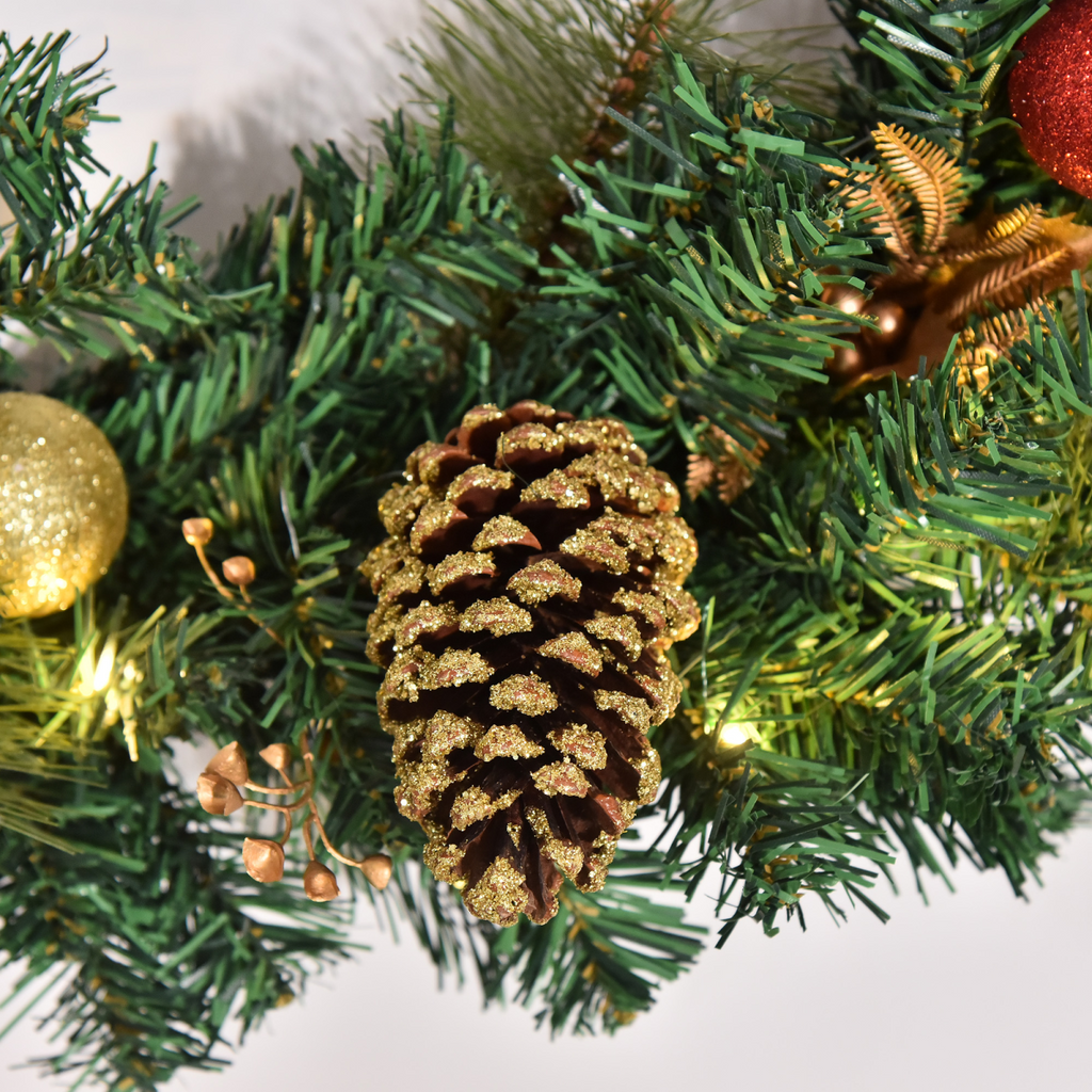 60cm Pre-Lit Artificial Christmas Door Wreath Holly LED Decor Pine Cones Hangin