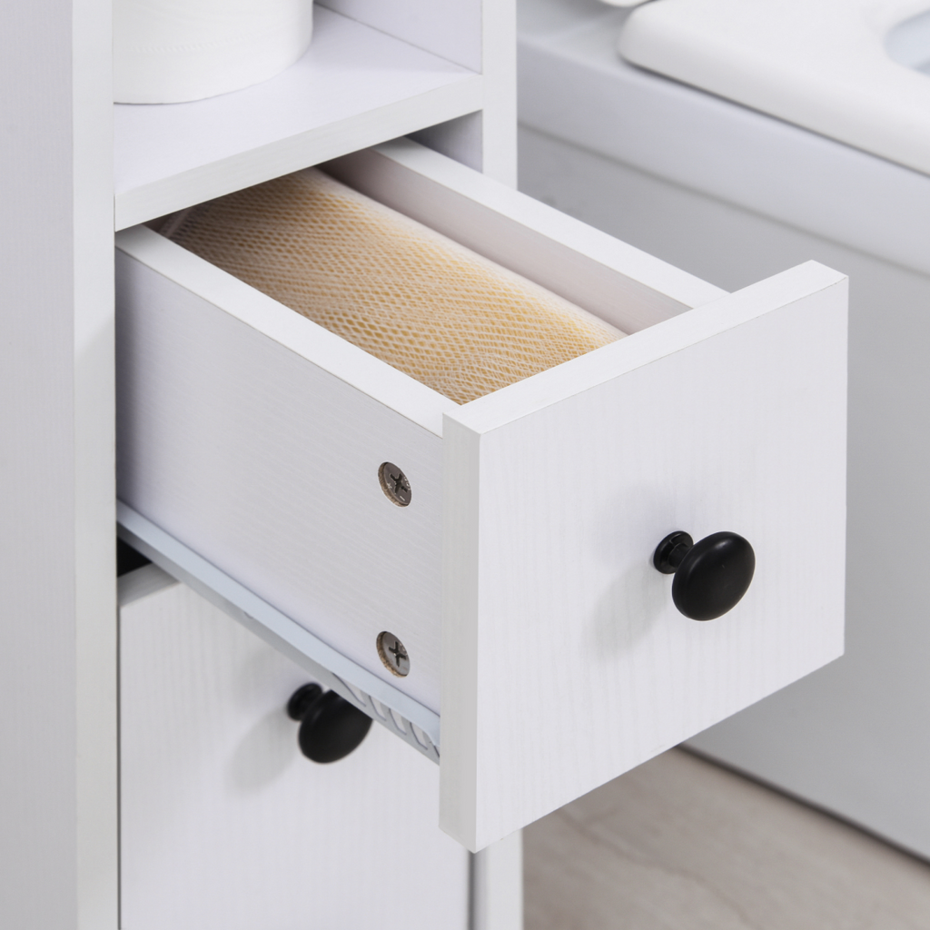Slimline Bathroom Storage Unit with 2 Drawers 2 Open Compartments Wheels White