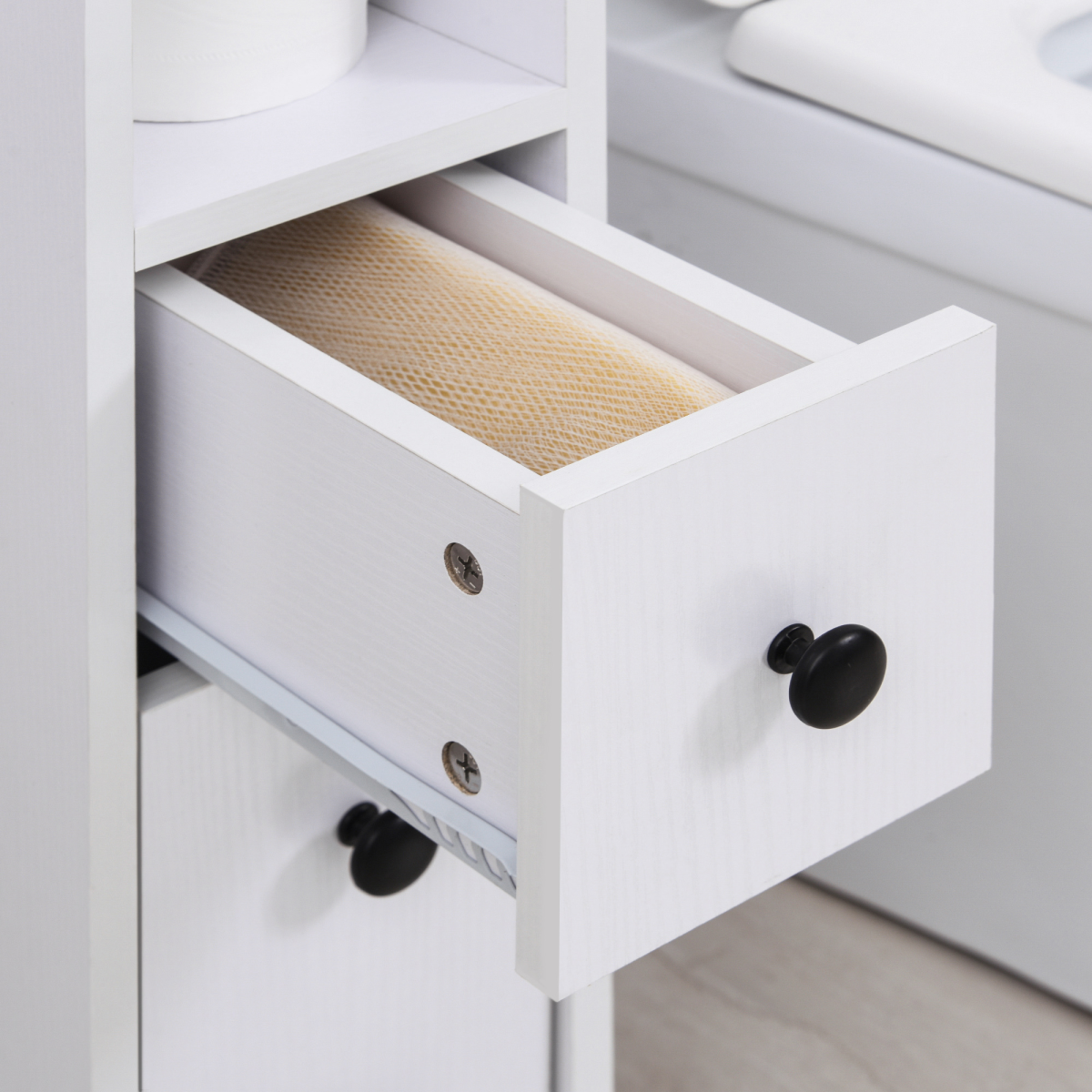 Slimline Bathroom Storage Unit with 2 Drawers 2 Open Compartments Wheels White