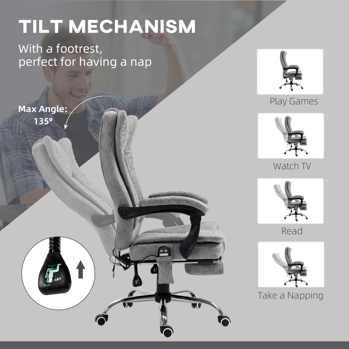 6-Point Vibrating Massage Office Chair with Microfibre Upholstery Arms Grey