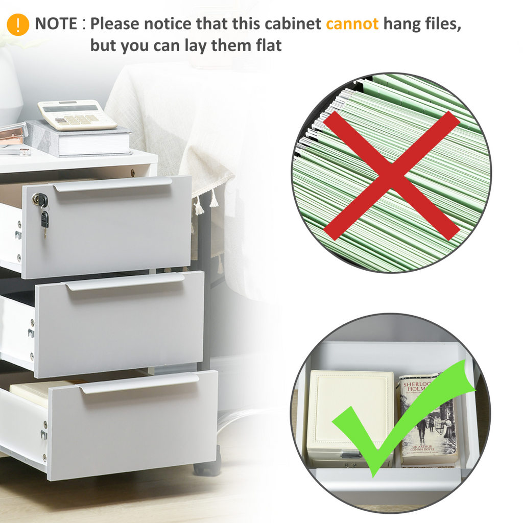 3-Drawer Locking File Cabinet Mobile Chest of Drawers Side Table Wheels