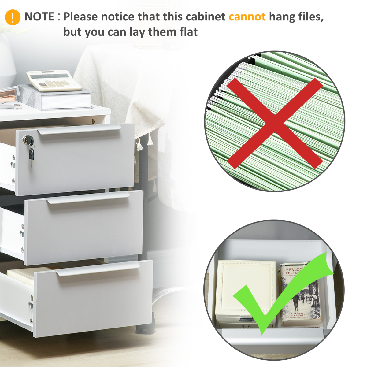 3-Drawer Locking File Cabinet Mobile Chest of Drawers Side Table Wheels