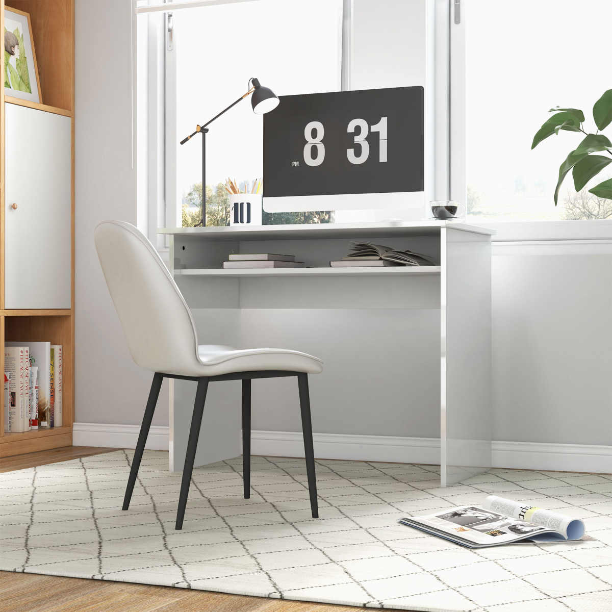 HOMCOM Computer Desk Writing Table Study Workstation Storage High Gloss White