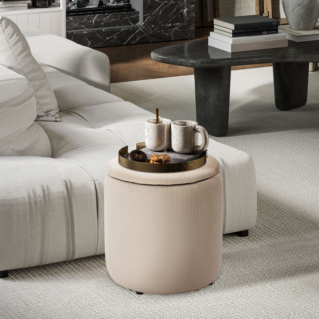 HOMCOM Modern Fabric Storage Ottoman with Removable Lid, Set of 2, Cream White
