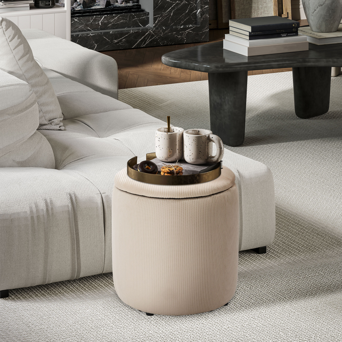 HOMCOM Modern Fabric Storage Ottoman with Removable Lid, Set of 2, Cream White