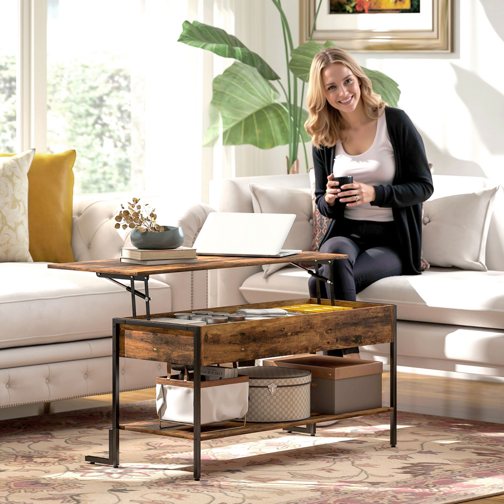 HOMCOM Industrial Lift Top Coffee Table with Storage Shelf Rustic Brown