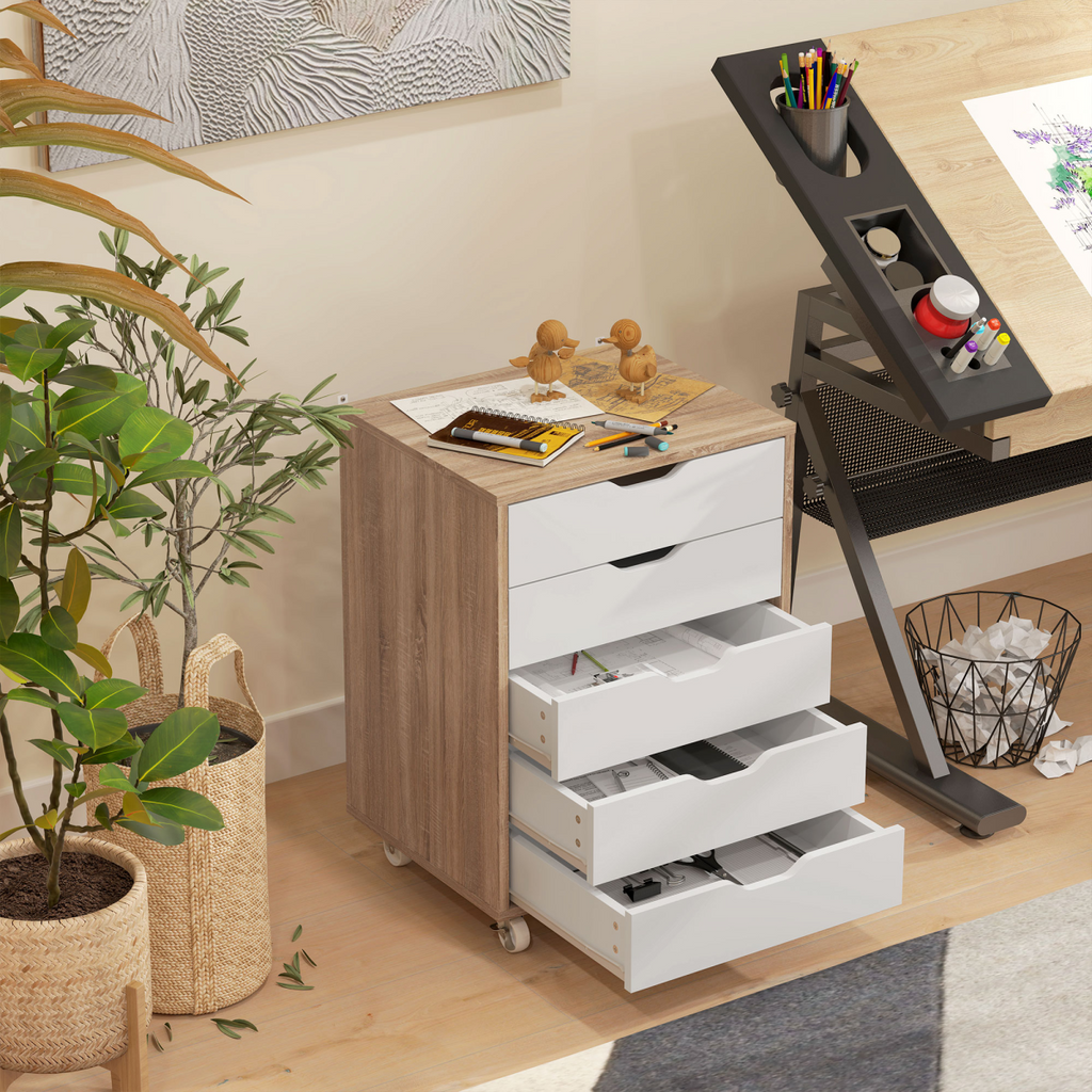 Vinsetto Mobile Filing Cabinet, 5-drawer File Cabinet with Wheels, Oak