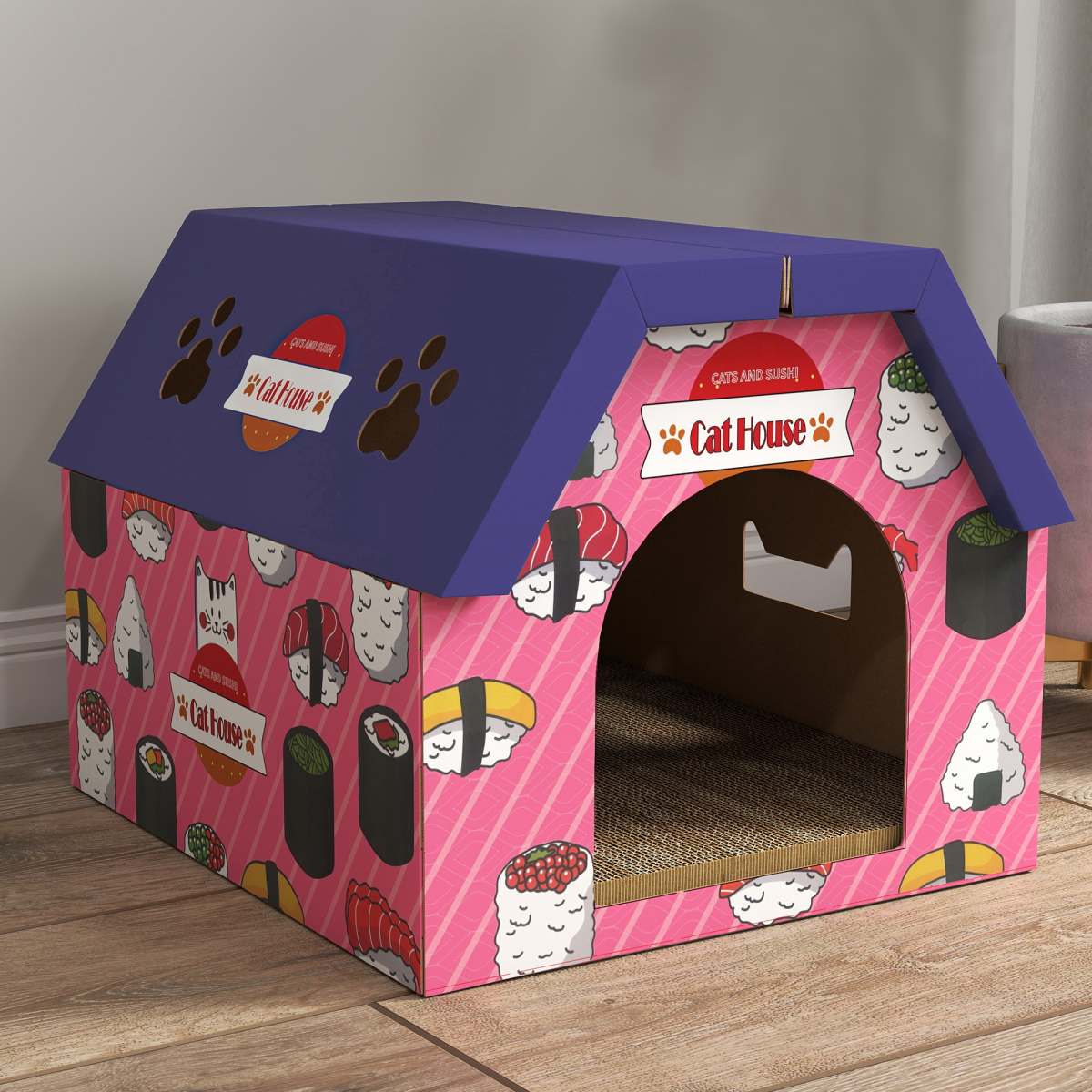 PawHut 2-in-1 Cat Scratching Board House with 4 Paw-Shaped Vents, Pink