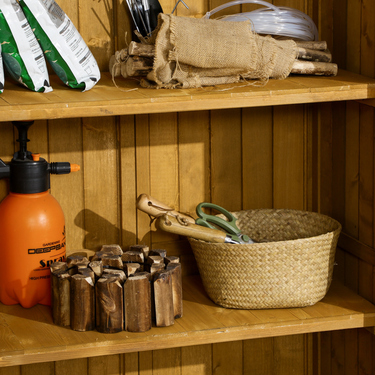 Wooden Garden Storage Shed Unit, 3-Tier Shelves Tool Cabinet Organizer