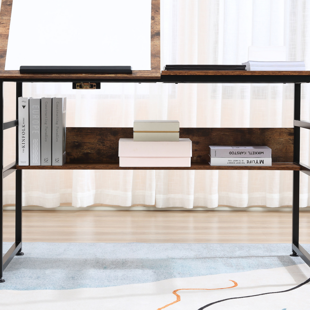 Tiltable Drafting Table Home Office Computer Desk  Shelf, Rustic Brown