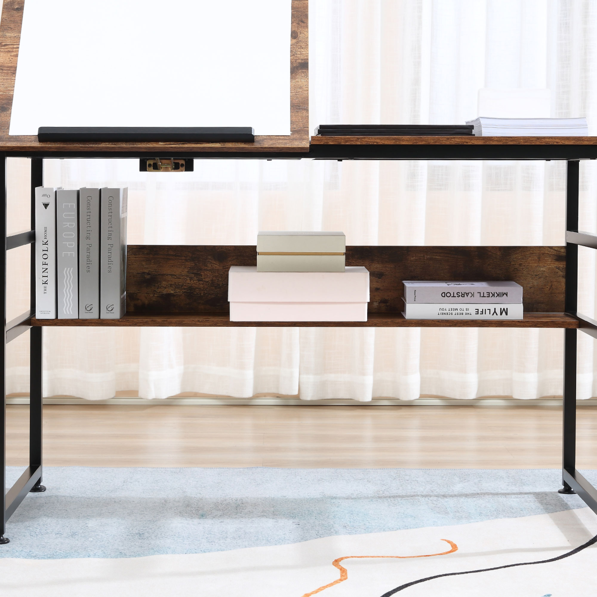 Tiltable Drafting Table Home Office Computer Desk  Shelf, Rustic Brown