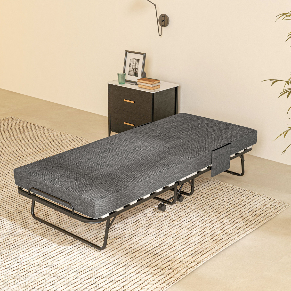 HOMCOM Folding Bed with Mattress Foldable Guest Bed on Wheels with Cover Dark Grey