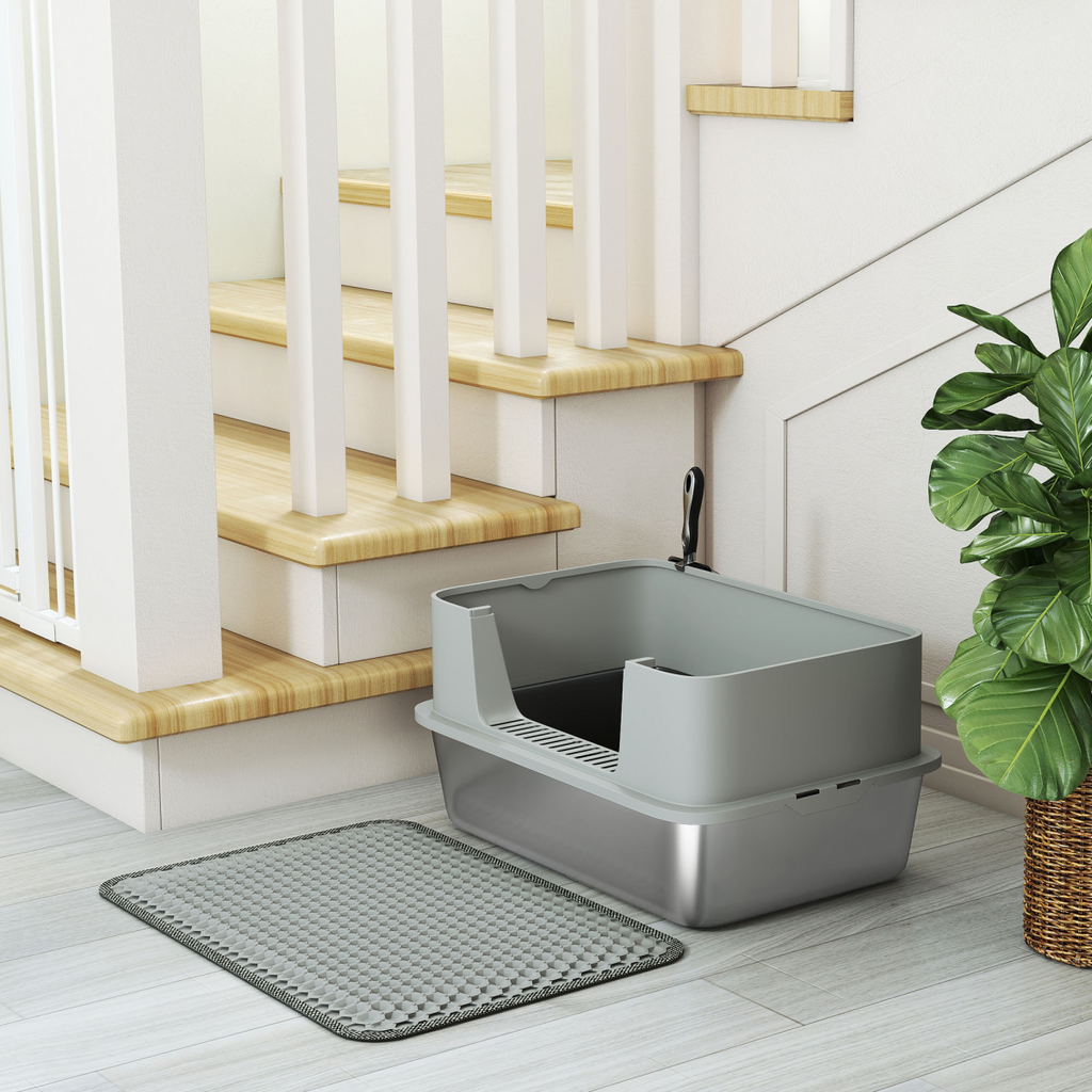 PawHut Stainless Steel Litter Box with Scoop, High Sided Cat Litter Tray