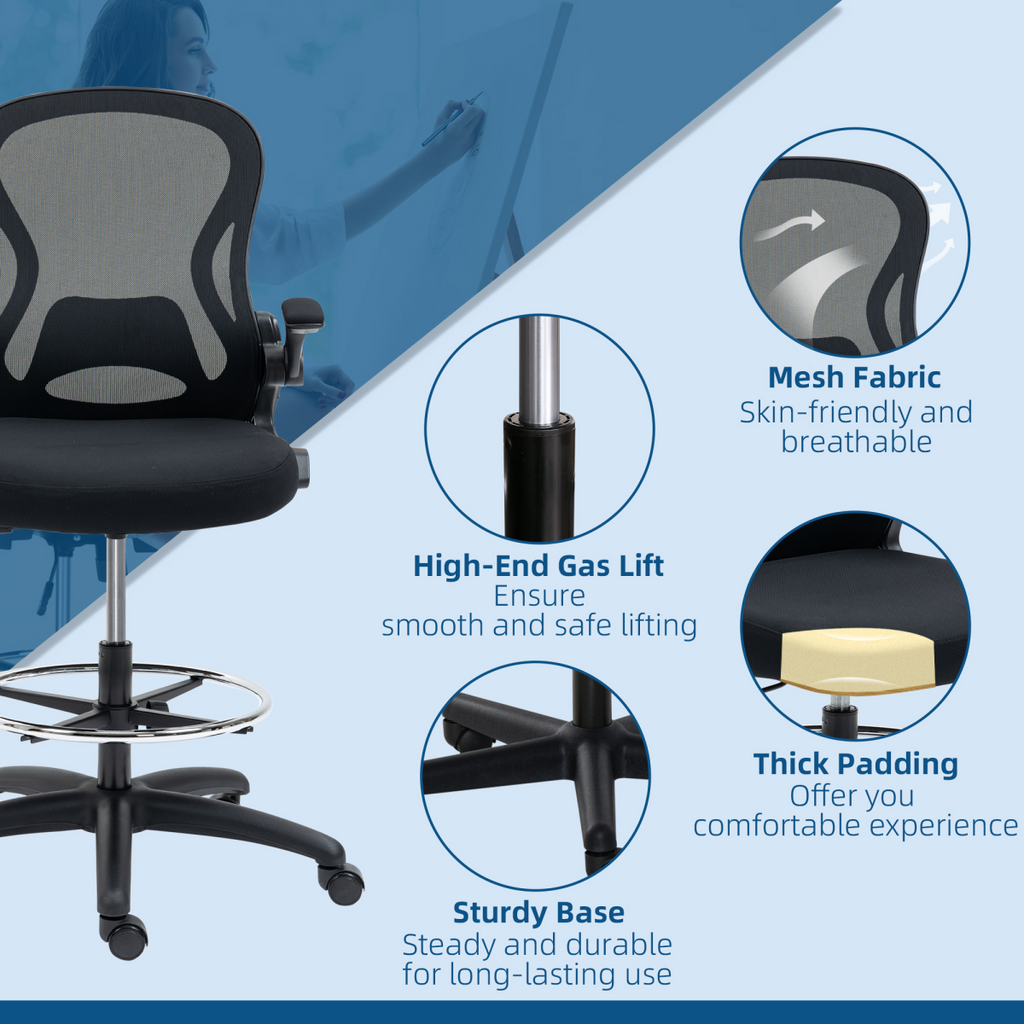 Vinsetto Draughtsman Chair Tall Office Chair with Adjustable Footrest Ring Black
