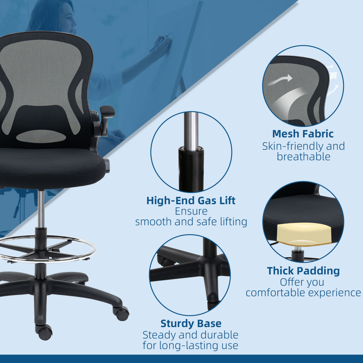 Vinsetto Draughtsman Chair Tall Office Chair with Adjustable Footrest Ring Black