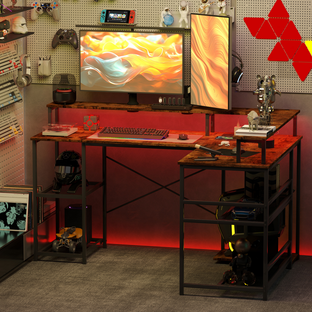 HOMCOM L Shaped Gaming Desk w/ LED Lights and Power Outlets for Small Space