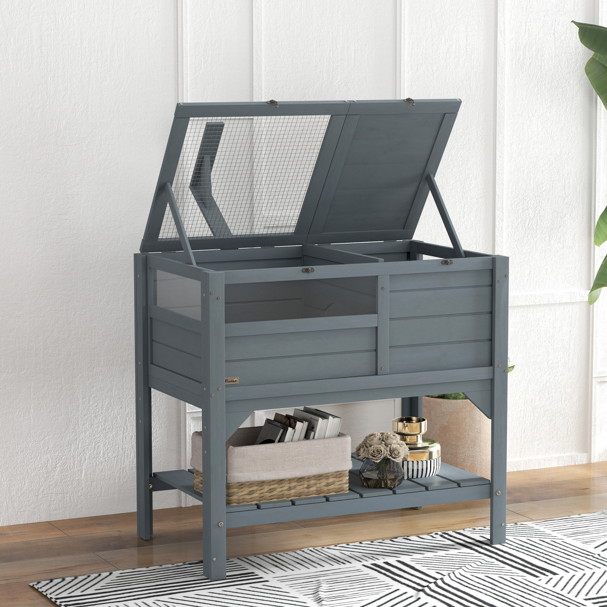 PawHut Wooden Tortoise House w/ Run, Shelter, Shelf, Lamp Holder, Grey