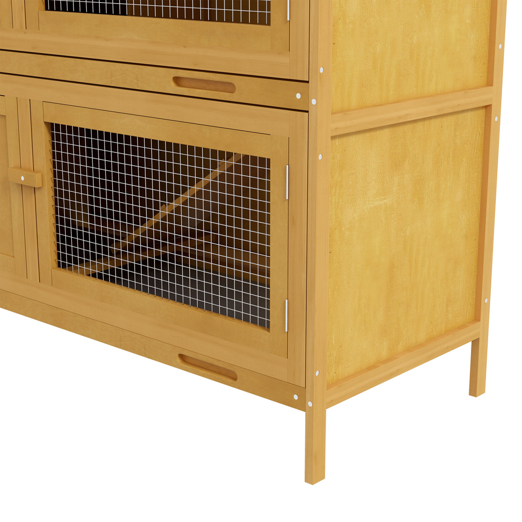 PawHut Double Decker Rabbit Hutch Bunny Cage Pet House Outdoor with Tray, Yellow