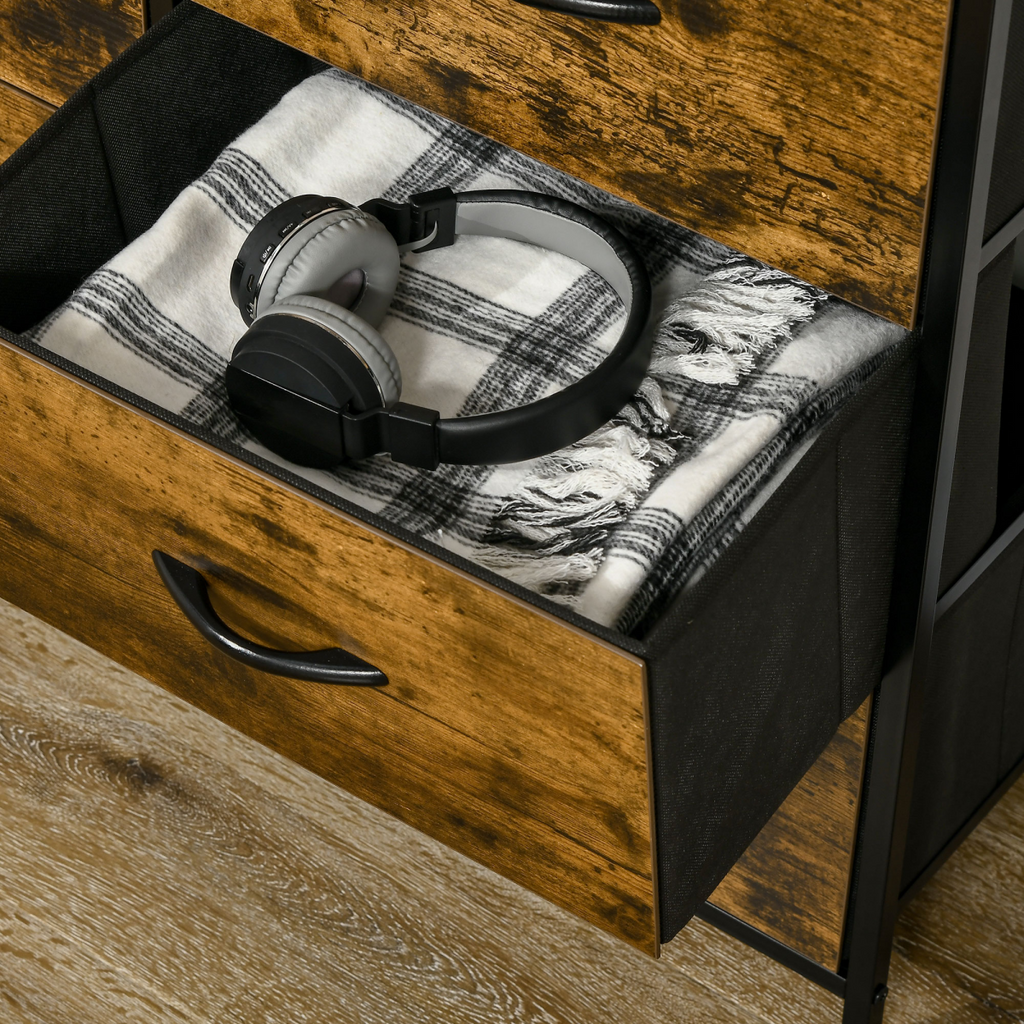 HOMCOM Bedroom Chest of Drawers with 5 Fabric Drawers, Open Shelf, Rustic Brown