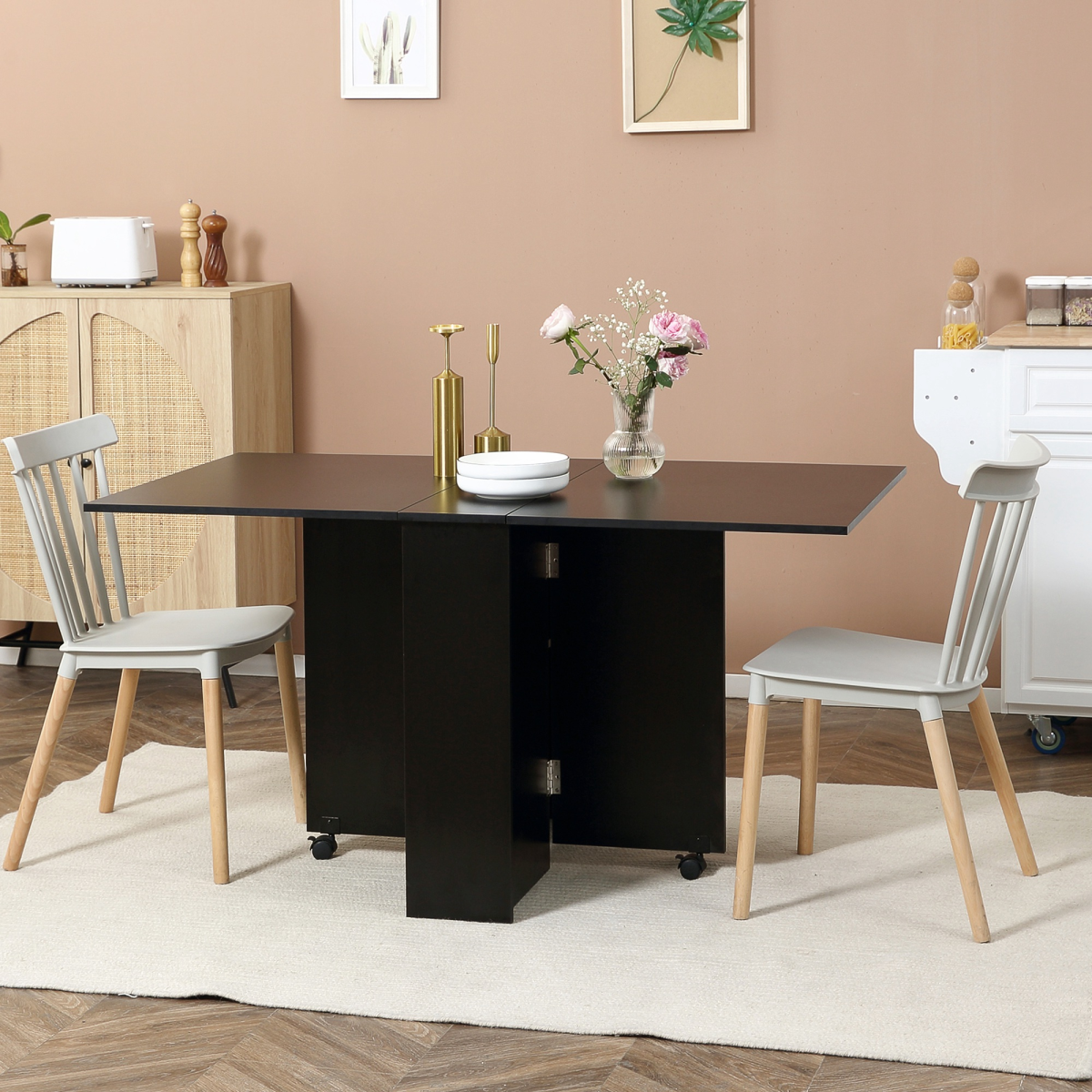 HOMCOM Rolling Drop Leaf Dining Table Folding Kitchen Table with Open Shelves
