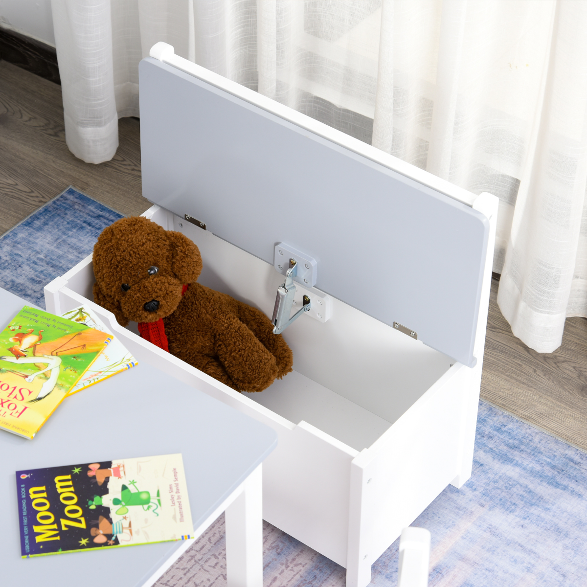 4-Piece Set Kids Wood Table Chair Bench Storage Function for 3 Years+ HOMCOM