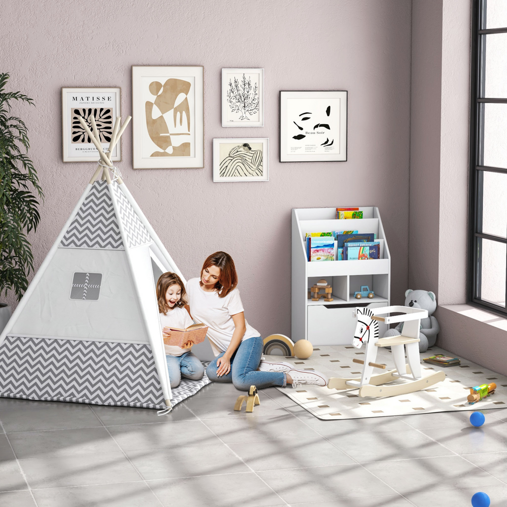 Children's Bookcase, Toy Organiser w/ Wheels, for Bedroom - White