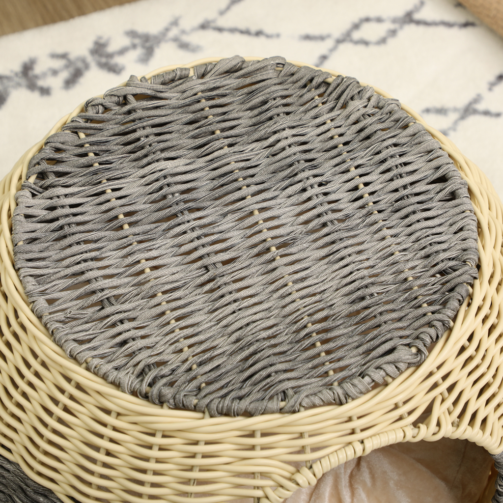 PawHut Wicker Cat House, Rattan Raised Cat Bed w/ Soft Cushion, 40 x 30cm